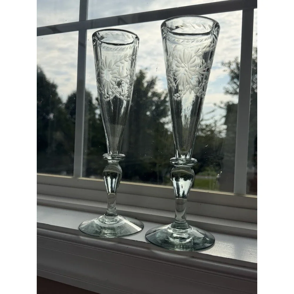 Rios Interiors Hand Blown Etched Champagne Flutes Set of 2 Floral Glass 10” Boho